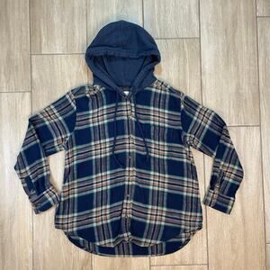 American Eagle Plaid Hooded Button Front Flannel Shirt Blue Green Women’s S